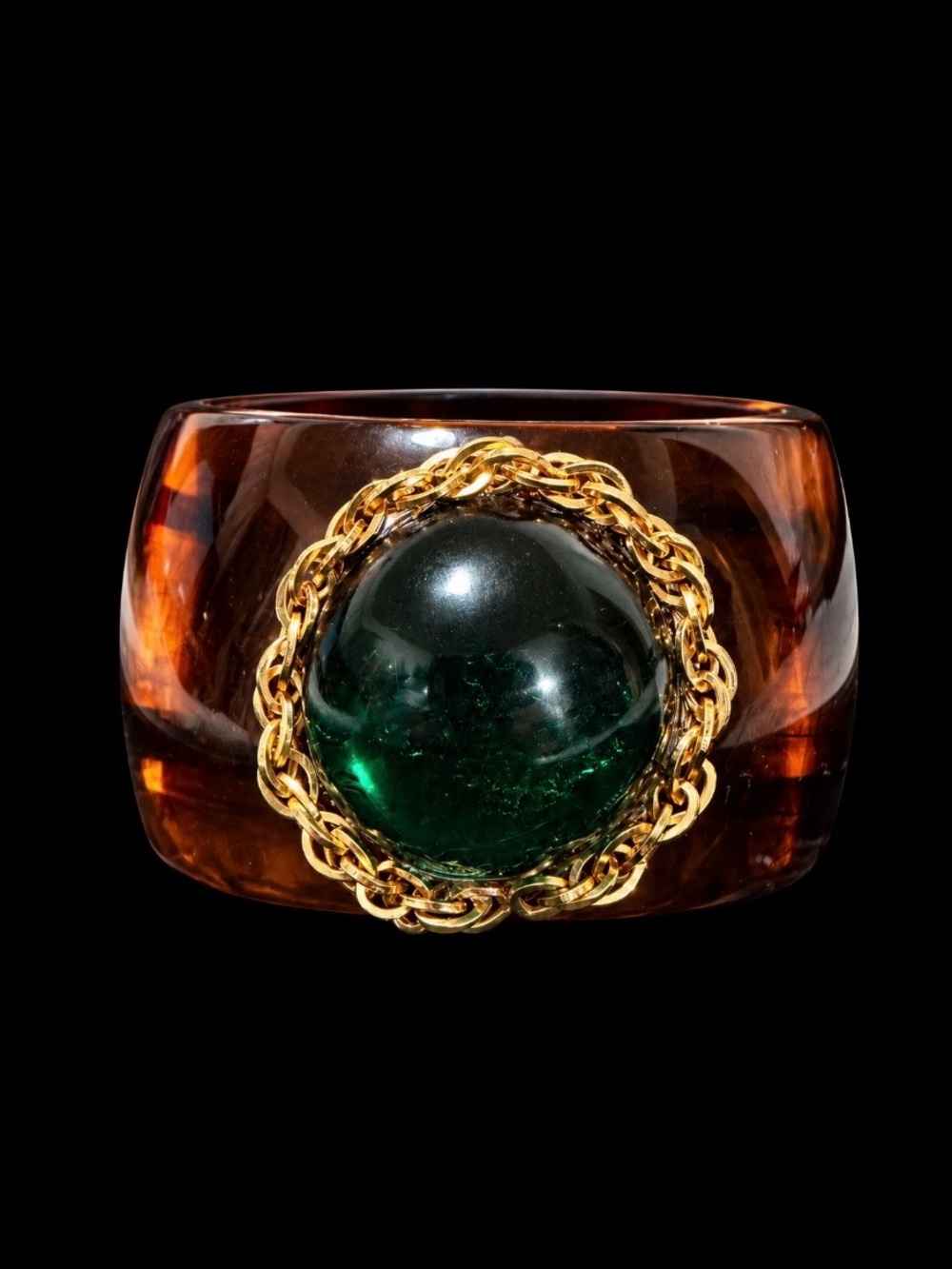 Gold-Accented Amber Resin Bangle with Green Glass Cabochon